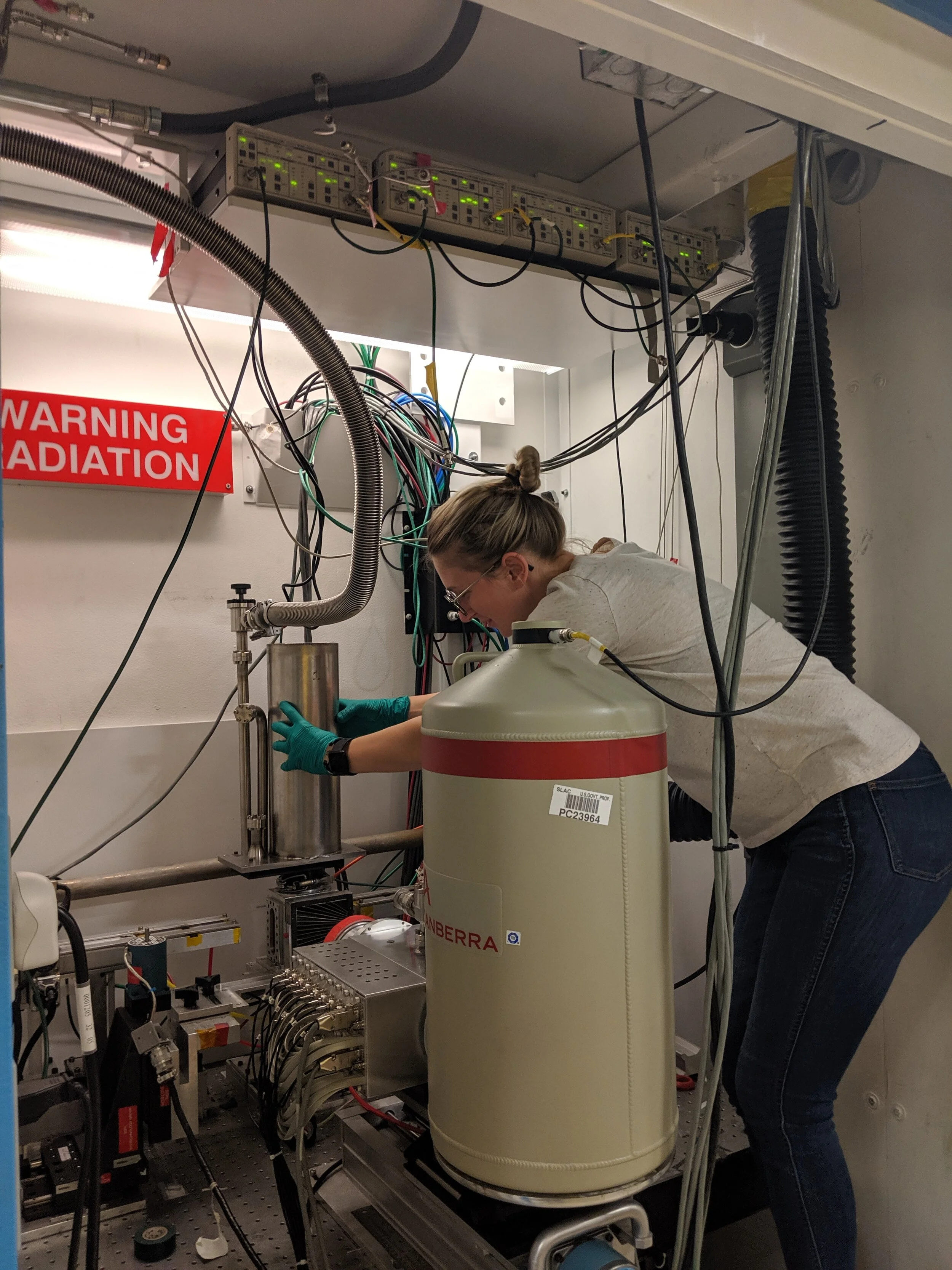 Radiation warning sign and detector dewar at the Stanford Synchrotron Radiation Lightsource