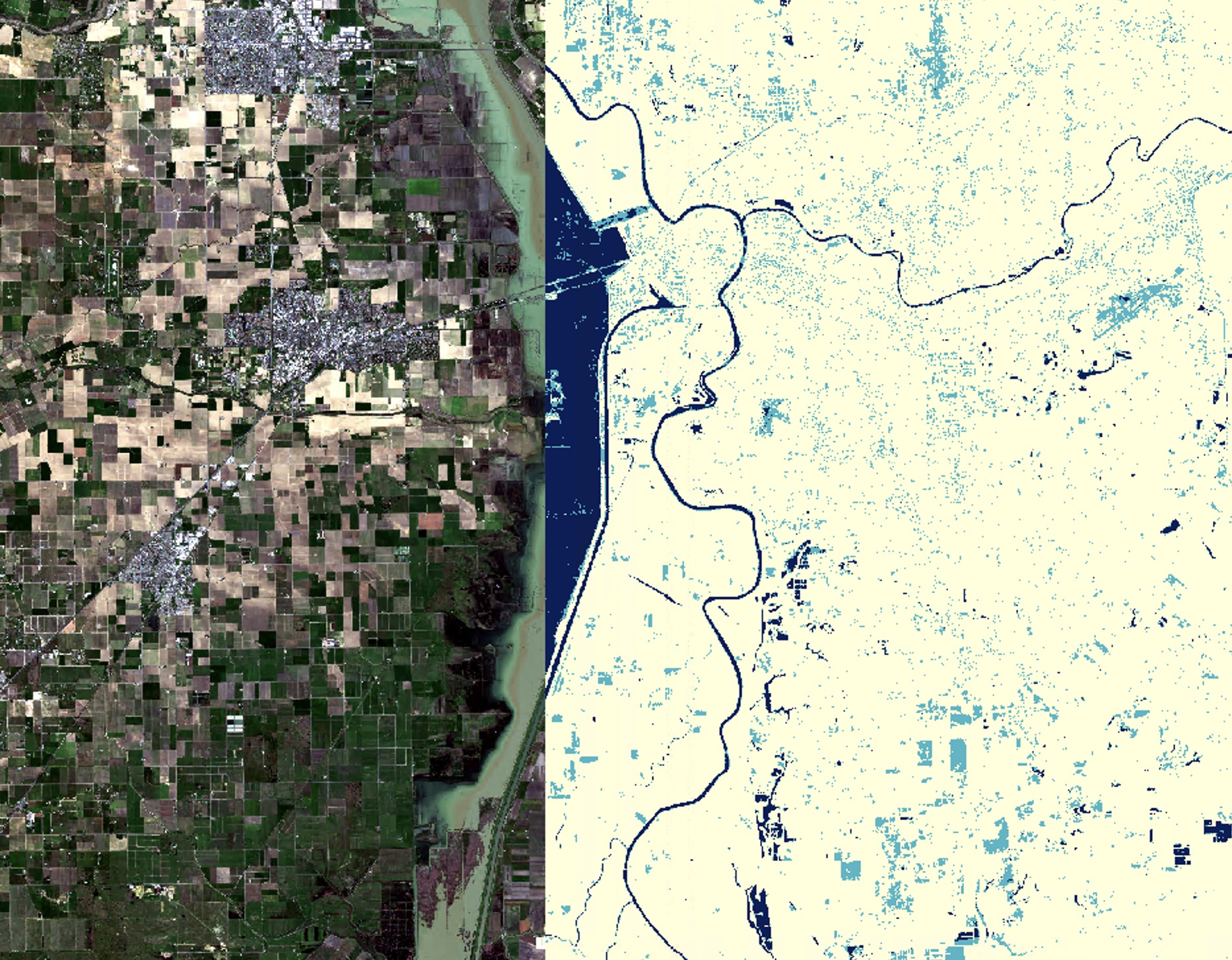 Optical satellite imagery alongside the resulting inundation classification map for a stretch of California wetlands